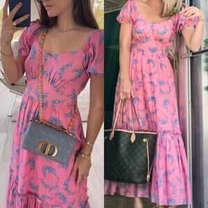 LOVESHACKFANCY Hot Pink Angie Maxi Dress Empire Waist Puff Sleeve Blue Floral 4
